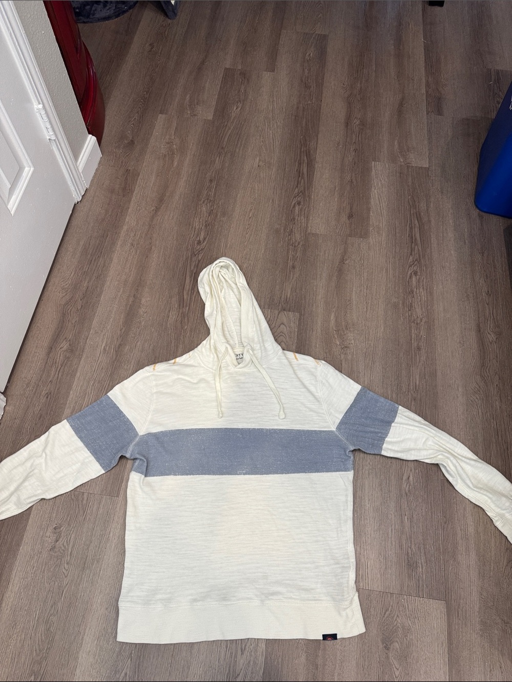 Faherty Cream Hoodie with Light Blue Chest Stripe